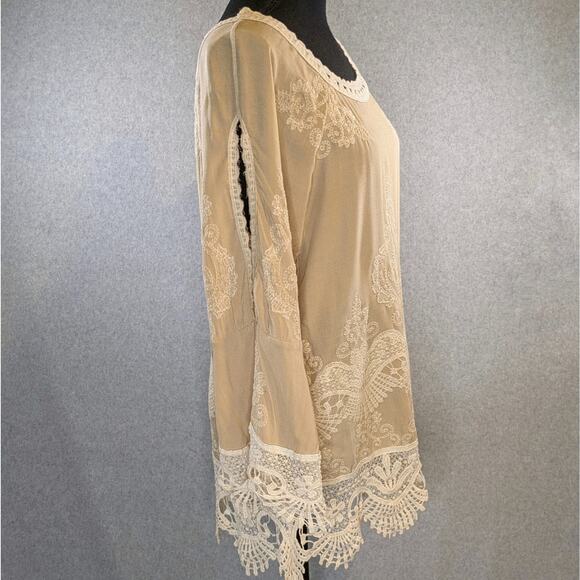 NWT Solitaire Beige Embroidered Tunic Shirt Size S Slit Sleeve Boho - Picture 15 of 16